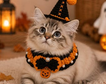 Handmade Halloween Pet Costume, Crochet Hat & Neckwear for Dogs Cats, Cute Spooky Pet Photo Prop, Fall Puppy Outfit, Pumpkin Ghost Pet Gift