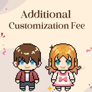 Könnte beinhalten: Pixelige Illustration eines Jungen und eines Mädchens mit blauen Augen, braunen und blonden Haaren, in Freizeitkleidung. Der Text "Additional Customization Fee" ist darüber zu sehen. Ballons und Konfetti schmücken den Hintergrund.