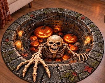3D Halloween Optical Illusion Round Rug, Skeleton Ghost Pumpkin Floor Mat, Spooky Bottomless Pit Carpet, Horror Home Decor, Horror Room Rug