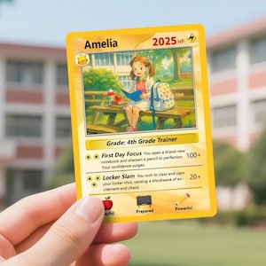 Carte Pokémon personnalisée pour la rentrée des classes - Cadeau personnalisé pour la rentrée des classes pour les enfants - Souvenir étudiant style anime avec nom et année