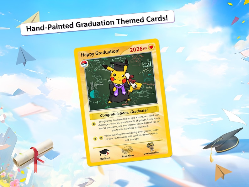 Personalized Hand-Painted Pokemon Graduation Card, Class of 2026 Gift, Custom Pokemon Card for Grads, Gift for Pokemon Gamer Graduates 1. Gold