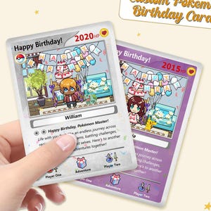 Cartes d'anniversaire personnalisées inspirées de Pokémon, cadeaux d'anniversaire, cartes dessinées à la main pour enfants, amis et amateurs de Pokémon, idée de carte de joueur