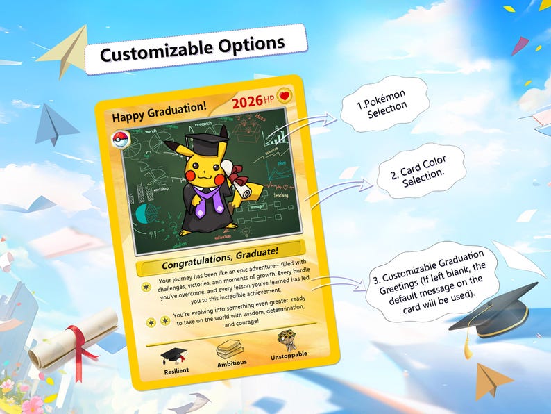 Personalized Hand-Painted Pokemon Graduation Card, Class of 2026 Gift, Custom Pokemon Card for Grads, Gift for Pokemon Gamer Graduates image 4