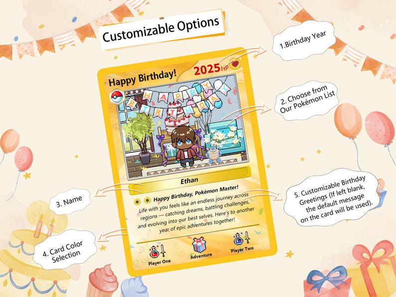 May include: A customizable birthday card template with a cartoon character celebrating with a cake and balloons. The card features options for a birthday year, Pok&eacute;mon character, name, card color, and a customizable birthday greeting.