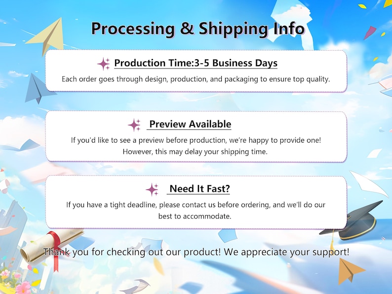 May include: A graphic with the text "Processing & Shipping Info" and information about production time, preview availability, and rush orders. The text says "Production Time: 3-5 Business Days", "Preview Available", and "Need It Fast?"