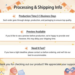 May include: A graphic with a light orange background and a white text box that says "Processing & Shipping Info". The text box is surrounded by a garland of red and white flags. The text box contains three smaller text boxes with information about production time, preview availability, and need it fast. The text boxes are decorated with stars and a small graphic of a star.