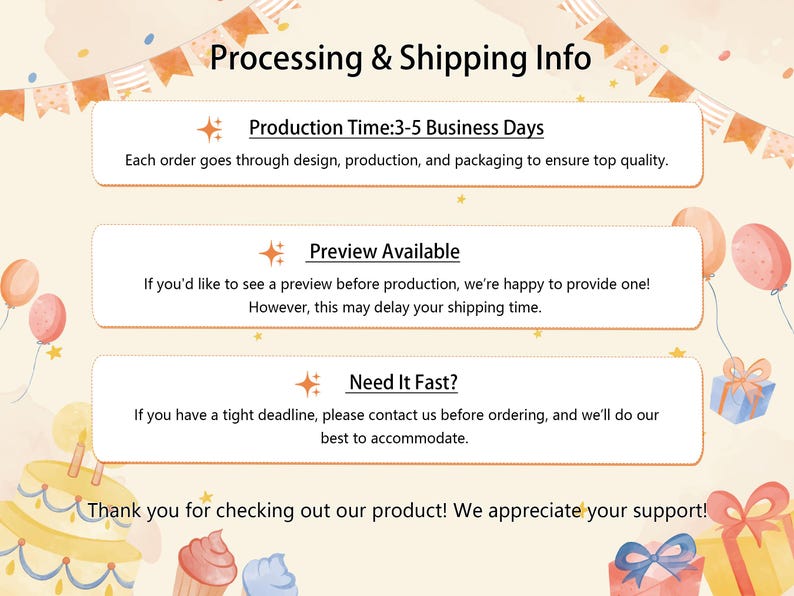 May include: A graphic with a light orange background and a white text box that says "Processing & Shipping Info". The text box is surrounded by a garland of red and white flags. The text box contains three smaller text boxes with information about production time, preview availability, and need it fast. The text boxes are decorated with stars and a small graphic of a star.