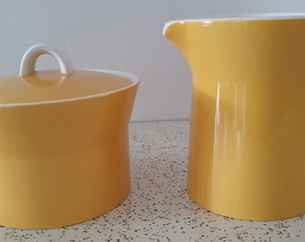 duplex in sunshine yellow...1970s vintage Ben Seibel for Mikasa ceramic sugar bowl and creamer