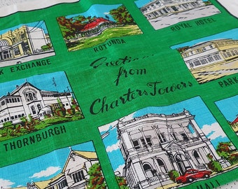 greetings from Charters Towers...1970s vintage pure linen souvenir teatowel