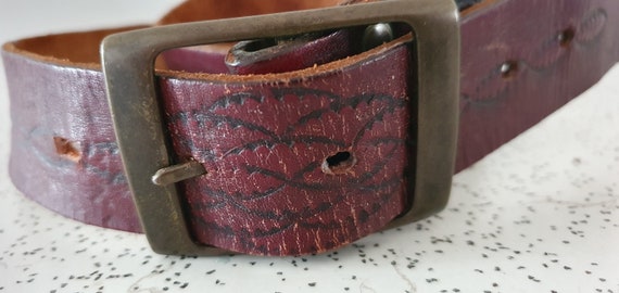 oxblood...1970s vintage tooled leather belt with … - image 2