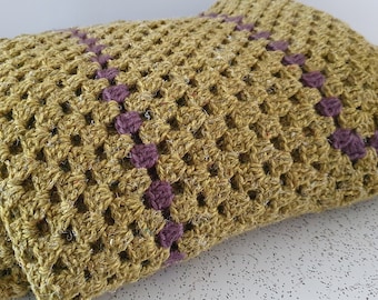 rectangles in olive and donkey brown...vintage crochet wool cot blanket or throw