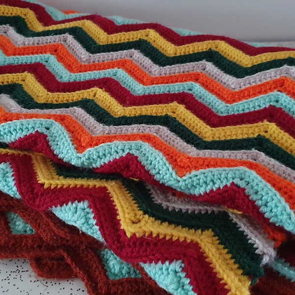 chevron in orange and green...1970s vintage hand crocheted cot blanket or throw