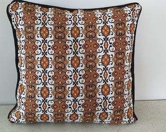 geometric floral stripes in black and tan...1970s vintage fabric cushion cover