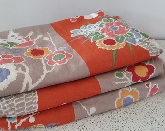geometric floral in mushroom and rust...1980s vintage cotton curtains for repurpose