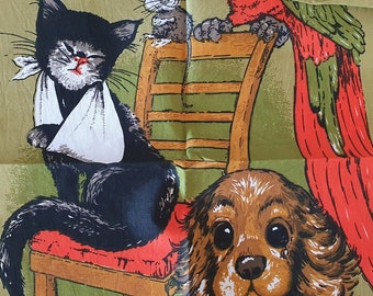 big eyed puppy....1970s vintage novelty print cotton teatowel