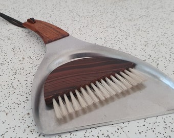 1970s vintage stainless steel and teak kitchen dustpan and broom