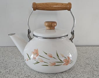 tulips...1980s vintage enamel ware stovetop kettle