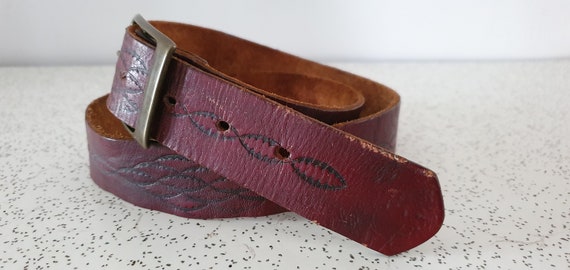 oxblood...1970s vintage tooled leather belt with … - image 4