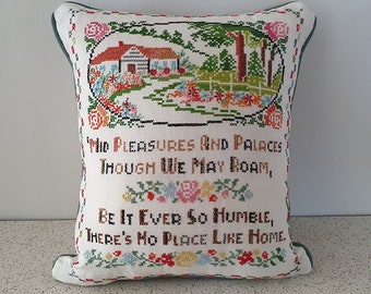 no place like home...vintage embroidered linen cushion