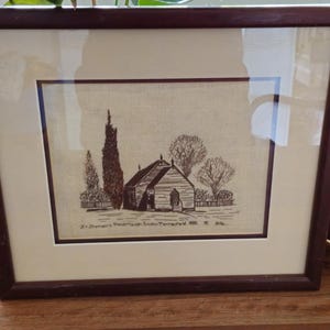 vintage framed embroidered church scene on linen