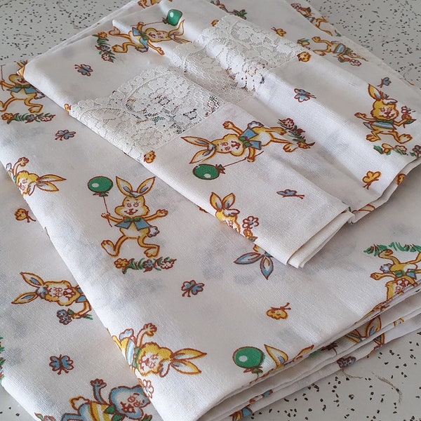 bunnies and balloons...set of 1970s vintage cot sheets with pillowcase