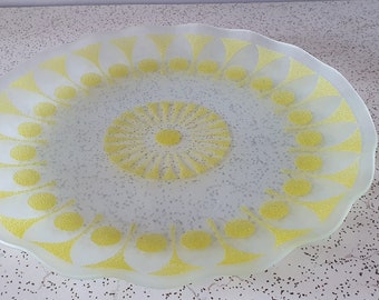 geometric in lemon yellow...1970s vintage frosted glass serving plate with fluted edge