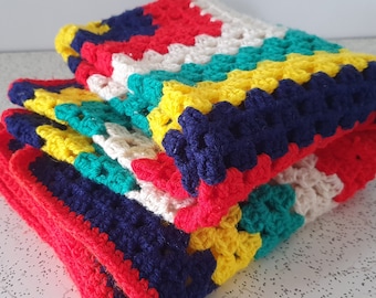 stripes in primary colours...vintage crochet cot blanket or knee rug