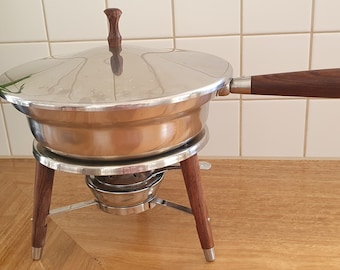 1960s vintage stainless steel and teak saucepan with stand and warming lamp