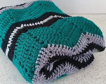 chevron in grey, green and black...vintage handmade crocheted cot blanket