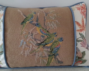 budgies...hand made vintage tapestry cushion