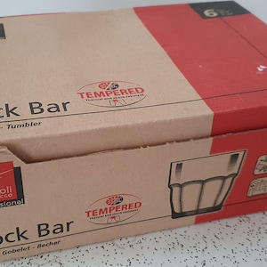 boxed set of six 1990s vintage Bormioli Rocco rock bar tumblers