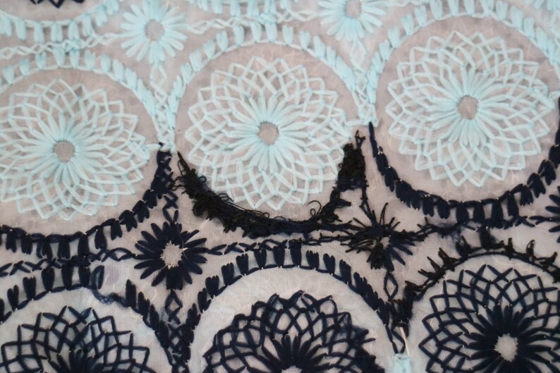 May include: A close-up of a sheer fabric with blue and black embroidered floral patterns. The fabric has a delicate, lacy texture.