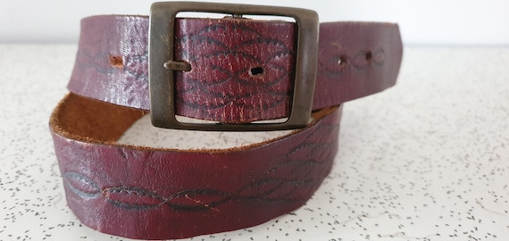 oxblood...1970s vintage tooled leather belt with … - image 1
