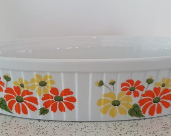 flower power in orange and yellow...1970s vintage oval ceramic baking dish