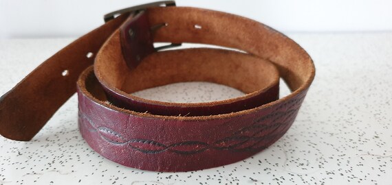 oxblood...1970s vintage tooled leather belt with … - image 5
