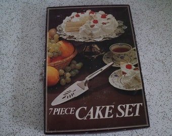 1970s vintage boxed stainless steel cake server and cake forks with teak handles