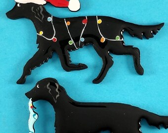 Flat Coated Retriever Christmas Pin, Magnet or Ornament -Color Choice -Hand Painted - Free Personalization available on the back
