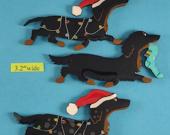 Doxie Black Christmas or Plain Pin, Magnet or Ornament SEE ALL PHOTOS for size, dog's name/year, styles, custom info, Hand Painted Dachshund