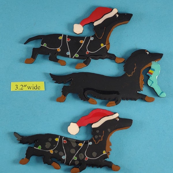 Doxie Black Christmas or Plain Pin, Magnet or Ornament SEE ALL PHOTOS for size, dog's name/year, styles, custom info, Hand Painted Dachshund