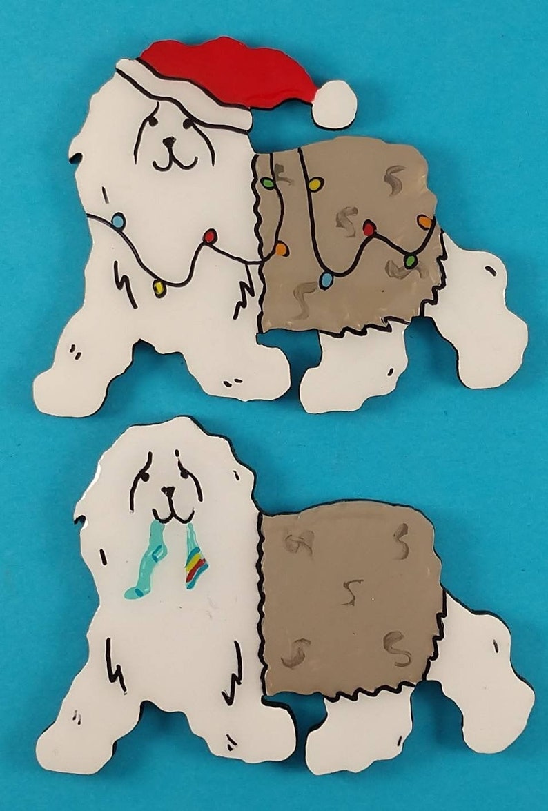 Free Personalization Available Hand Painted Old English Sheepdog Christmas or Plain Pin Magnet or Ornament