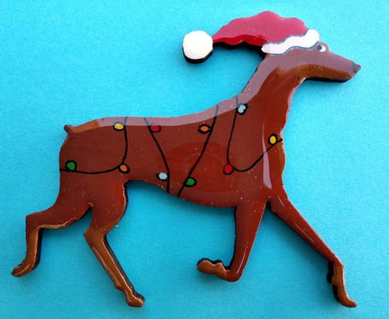 Doberman Christmas or Plain Pin, Magnet or Ornament SEE ALL PHOTOS for size, dog's name/year, colors and custom info, Hand Painted Santa red