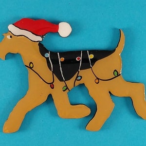 Airedale Terrier Christmas or Plain Pin, Magnet or Ornament SEE ALL PHOTOS for size, dog's name/year, and custom info, Hand Painted Santa