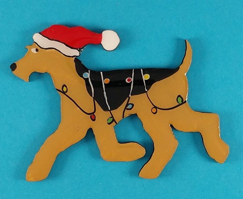 Airedale Terrier Christmas or Plain Pin, Magnet or Ornament SEE ALL PHOTOS for size, dog's name/year, and custom info, Hand Painted Santa