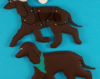 Irish Water Spaniel Christmas or Plain Pin- Magnet or Ornament -Hand Painted- Free Personalization available on the back