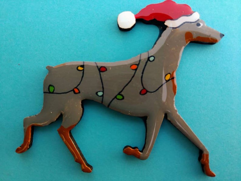 Doberman Christmas or Plain Pin, Magnet or Ornament SEE ALL PHOTOS for size, dog's name/year, colors and custom info, Hand Painted Santa blue