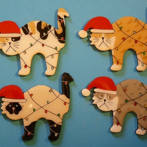 Christmas or Plain Siamese, Tabby or Calico Cat Pin, Magnet or Ornament -Hand Painted