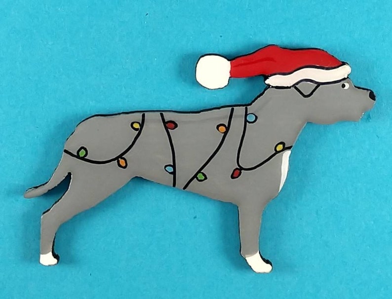 Staffordshire Bull Terrier Christmas or Plain Pin, Magnet or Ornament SEE ALL PHOTOS for size, dog's name/year, colors, custom, Hand Painted image 3