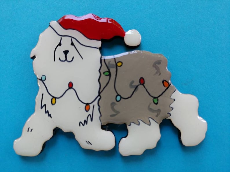 Free Personalization Available Hand Painted Old English Sheepdog Christmas or Plain Pin Magnet or Ornament