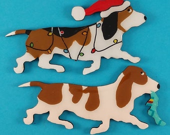 Basset Hound Christmas or Plain Pin, Magnet or Ornament- Color Choice -Hand Painted- Free Personalization Available on the back