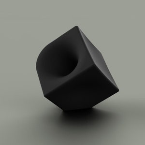 May include: A black, geometric, abstract sculpture with a curved indentation on one side. The sculpture is made of a smooth, matte material and has a slightly rounded shape.